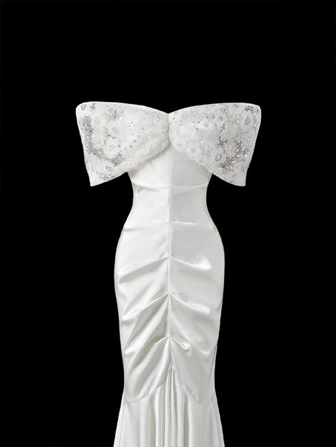 White Off Shoulder Wedding Dress - Satin Evening Dress with Lace - Mermaid Style Evening Gown Plus Size